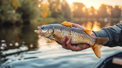 Fototapeta premium Fisherman holding and fresh fish with steady hands catch and quick lake river food sport leisure, active fishing with clear water nature.