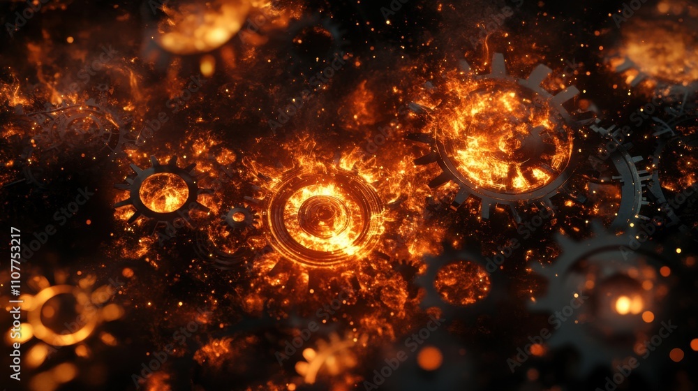Poster flames weaving through a complex set of gears and cogs, each glowing element representing global ind