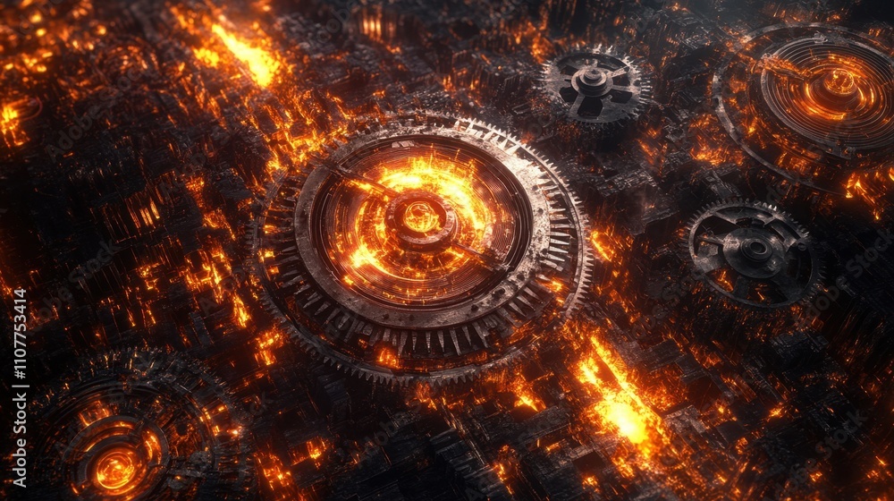 Fototapete flames weaving through a complex set of gears and cogs, each glowing element representing global ind