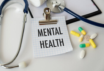 Mental Health text on card in doctor's office on desktop background, medical concept