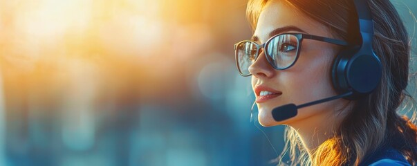 Focused woman with headset working in customer support. Smiling and attentive, she assists clients professionally in a bright office environment.