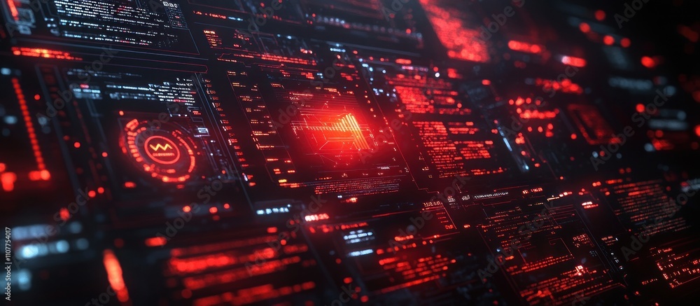 Poster abstract futuristic red and black interface with glowing elements.