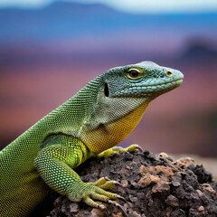 Fototapeta premium An emerald green monitor lizard perched on a rocky outcrop, its textured skin and curious expression sharply detailed with a blurred volcanic plain in the background