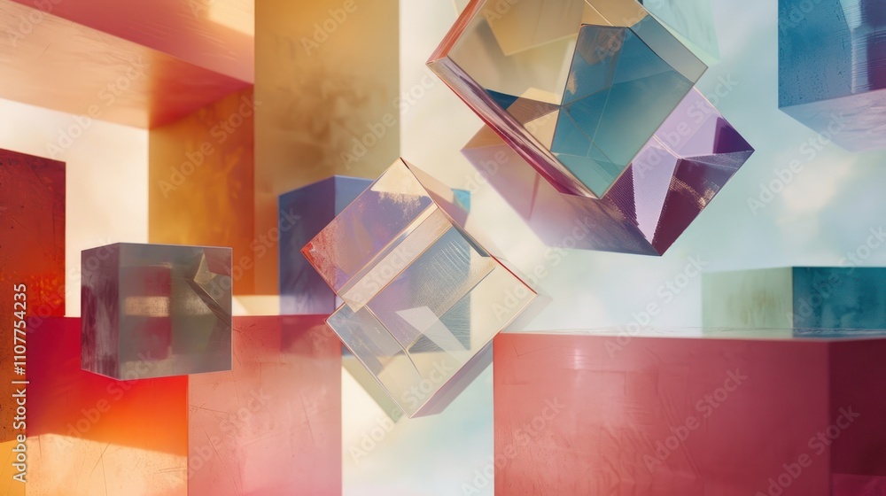 Aufkleber photograph of abstract scene featuring a cluster of floating cubes with varying transparencies and h