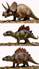 Fototapeta premium Dinosaurs Triceratops Stegosaurus Ankylosaurus featuring intricate scales horns and spikes in a natural habitat surrounded by vegetation like leaves and rocks