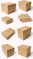Fototapeta premium Close-up images showing various sides open closed of parcelscardboard boxes against clean backgrounds