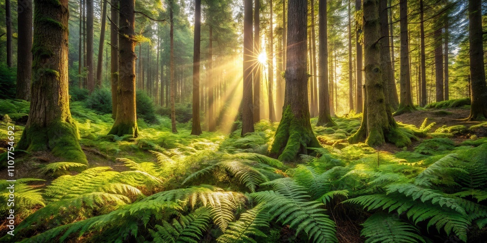 Poster golden rays of sunlight piercing through a dense forest canopy, illuminating the lush undergrowth of