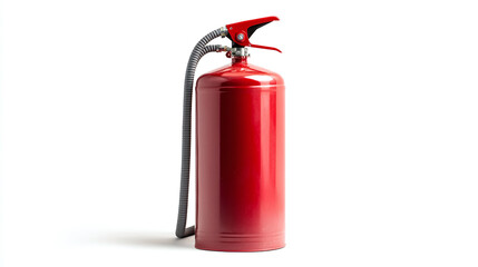 Obraz premium Red fire extinguisher isolated on white background. emergency flame danger firefighter rescue equipment, metal container with hose, fireman protection object, tool, foam, hazard, prevention.