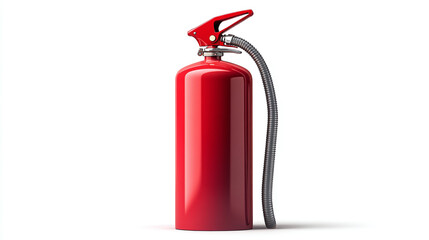Fototapeta premium Red fire extinguisher isolated on white background. emergency flame danger firefighter rescue equipment, metal container with hose, fireman protection object, tool, foam, hazard, prevention.