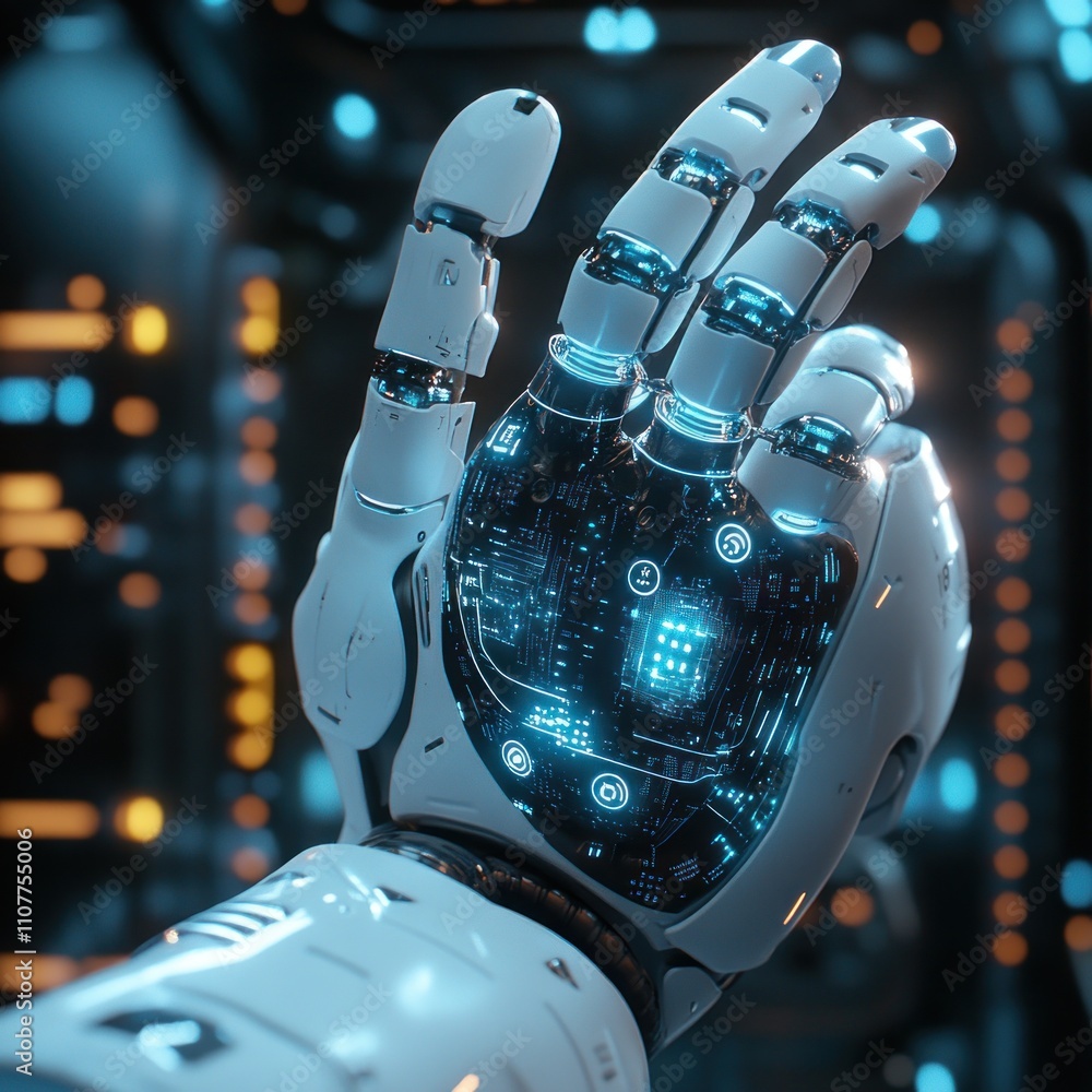 Poster close-up of a futuristic robotic hand with glowing internal circuitry, displayed against a blurred t
