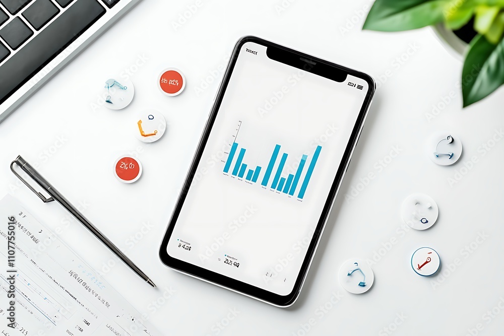 Poster smartphone displaying bar graph, surrounded by workspace items.