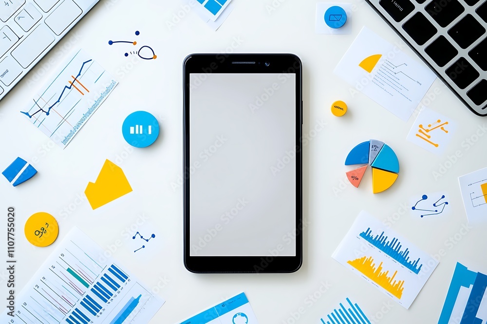Poster smartphone screen surrounded by colorful data charts and graphs on a white desk
