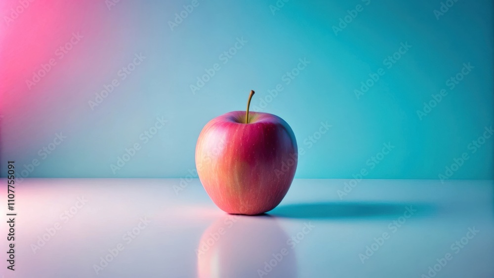 Poster a single red apple on a white surface with a gradient blue and pink background.