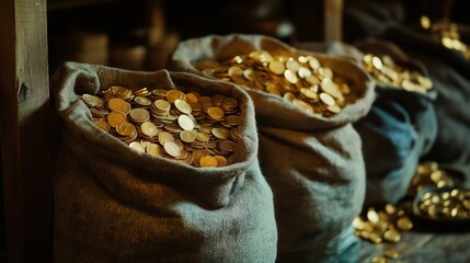 Bags with money. Bank bags with golden coins.