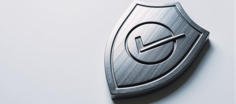 Metallic checkmark shield signifies safety trust and dependability ideal for cybersecurity QA and privacy imagery
