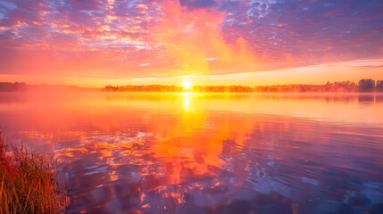 Obraz premium A breathtaking sunrise over a tranquil lake with mist rising from the water