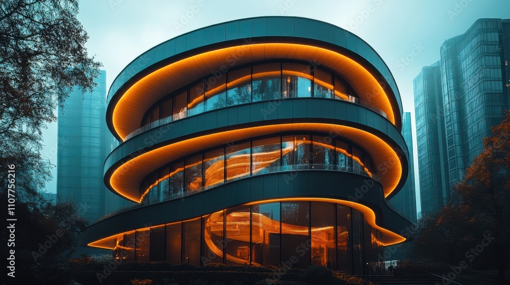 Poster a circular building with lights on it