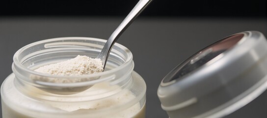 Spoon removing protein powder from an open container