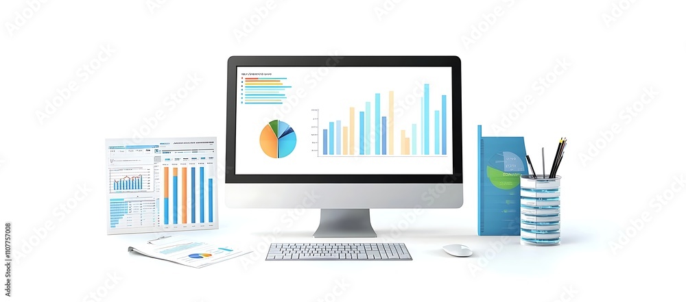 Poster modern business desk setup with charts and graphs displayed on computer screen