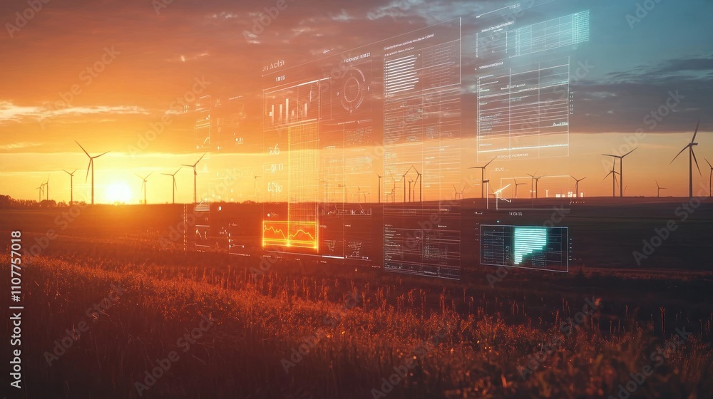 Poster sunset over a field of wind turbines with digital overlays representing data and information.