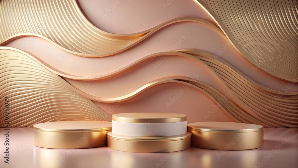 Fototapete abstract minimalist 3d render of a circular podium on a curved gold and pink background