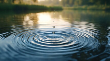 Water droplet falling on calm lake surface at sunrise, creating concentric ripples.