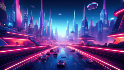 Obraz premium A sprawling futuristic cityscape illuminated by vibrant neon signs, featuring flying vehicles zipping through the sky, creating a dynamic and high-tech urban environment at night. 