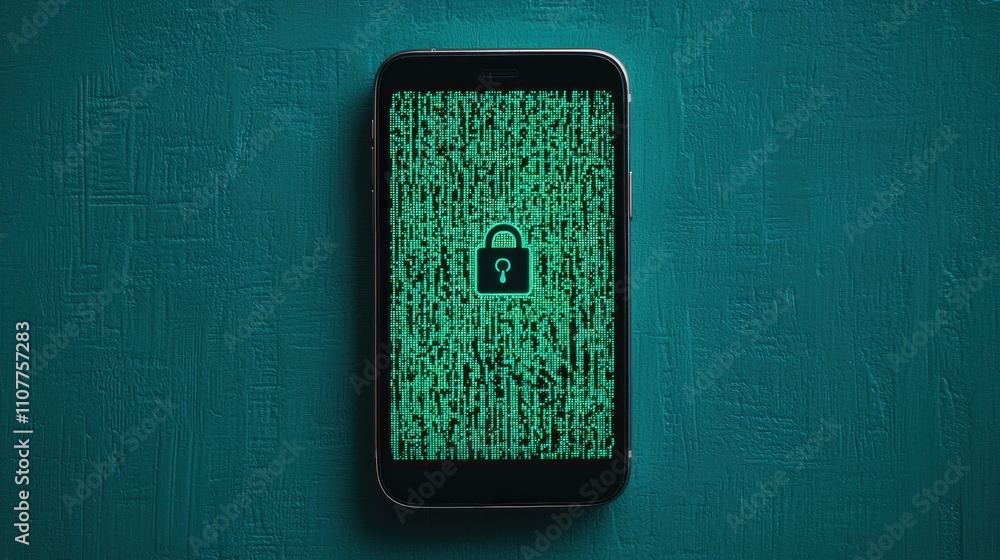 Poster a smartphone screen displays a green matrix-like background with a padlock icon, symbolizing digital