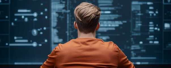 A person in an orange shirt sits in front of a large screen displaying complex data and coding, focused on their task.
