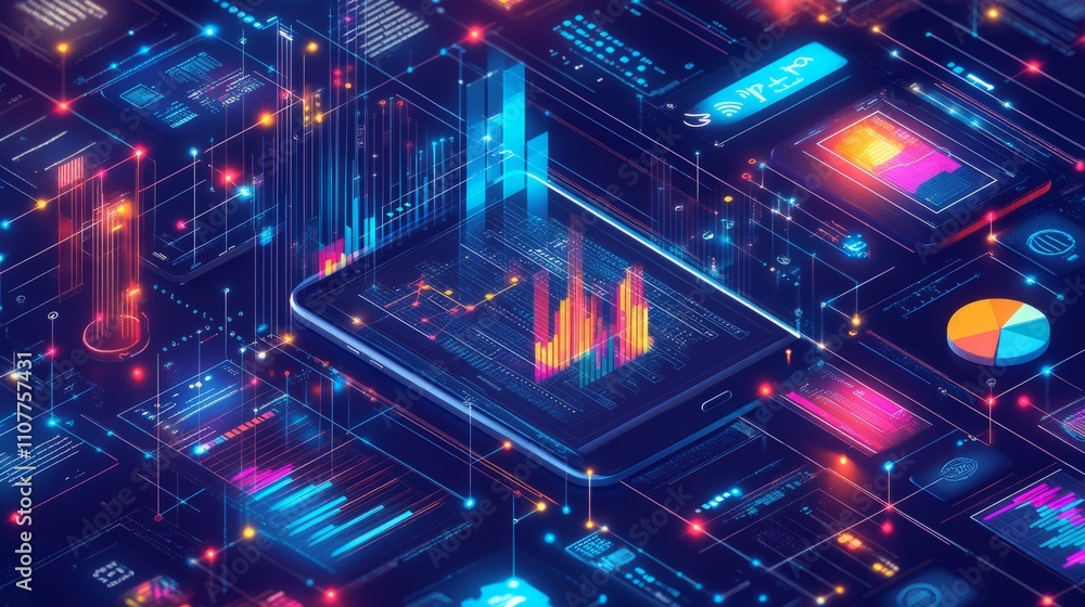 Poster isometric technology background featuring smartphone with business graphs, data analytics trends, an