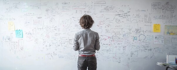 Person analyzing complex equations on a large whiteboard, standing with back turned, deep in thought and problem-solving process.