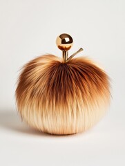 Fototapeta premium Unique fur-inspired handbag with a shiny golden apple-shaped clasp on a neutral background