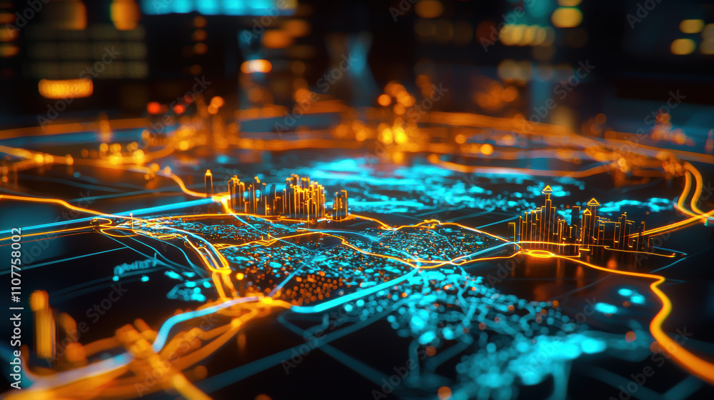 Poster high resolution image showcasing futuristic city map illuminated in vibrant orange and blue lights, 