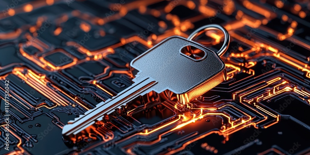 Poster a metallic key rests on a glowing circuit board, symbolizing security and technology.