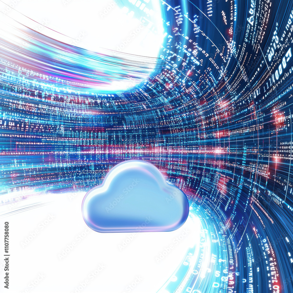 Poster digital cloud icon surrounded by vibrant data streams and binary code, symbolizing cloud computing and data transfer. futuristic design evokes sense of technology and innovation