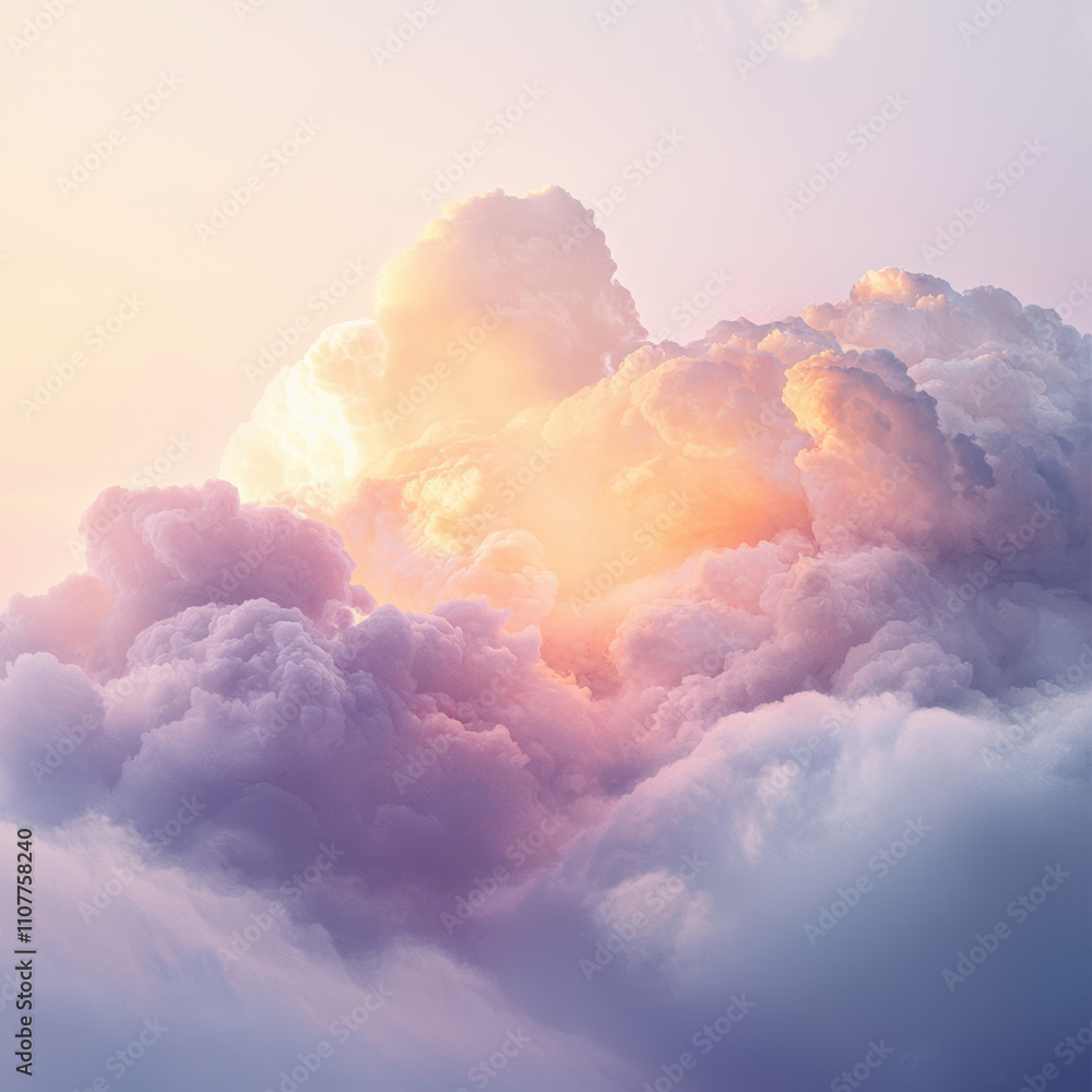 Poster stunning display of fluffy clouds illuminated by soft pastel colors, creating serene and dreamy atmo