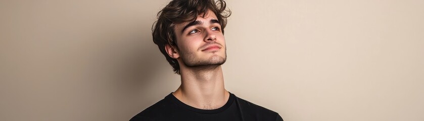 Obraz premium Portrait of a young man with tousled hair, gazing upwards against a beige background, wearing a black t-shirt, expressing contemplation.