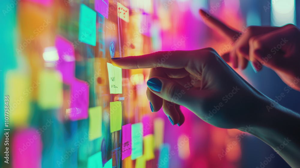Poster close up interaction of hands pointing at colorful sticky notes on wall, showcasing creativity and c