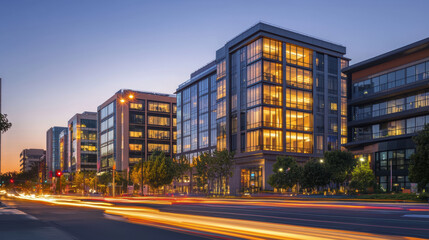 Fototapeta premium High resolution image of modern urban office buildings at dusk, showcasing illuminated windows and vibrant street activity. scene captures essence of city life