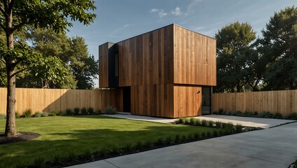 Fototapeta premium Modern minimalist cube house with wooden cladding and landscaped front yard.