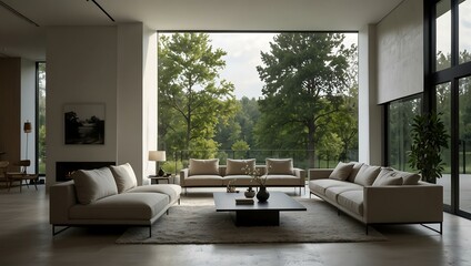 Obraz premium Modern minimalist living room with nature view.