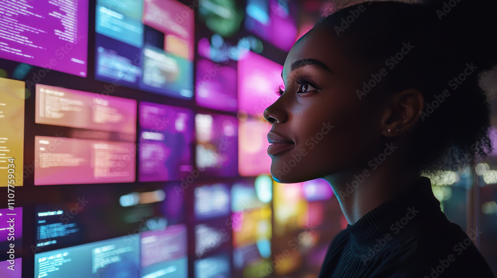 Poster woman gazes thoughtfully at vibrant digital display filled with colorful data and code, reflecting m