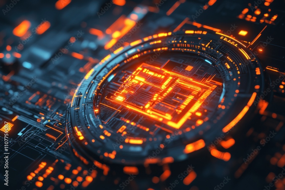 Poster futuristic glowing circuit board with central processor.