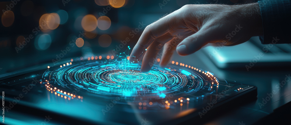 Aufkleber hand interacting with futuristic holographic interface, showcasing advanced technology and digital d