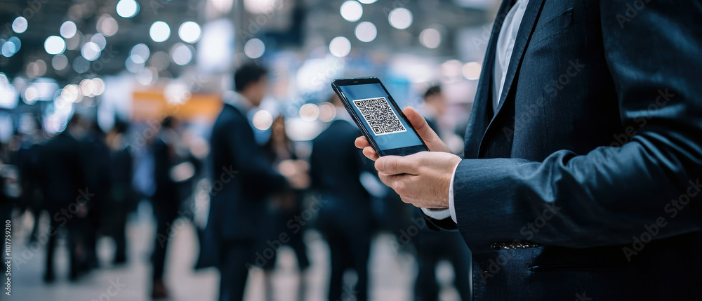 Fototapete business professional holding smartphone displaying qr code at busy event. background features blurr