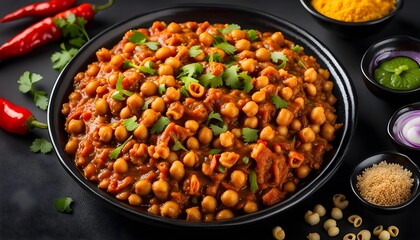Spicy Chana chat masala chotpoti in a black dish isolated on background top view of indian, bangali and pakistani food chat pata food
