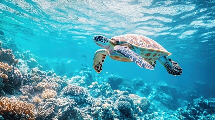 Obraz premium Sea turtle swimming over a vibrant coral reef in clear blue water, showcasing marine life and underwater beauty.