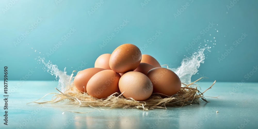 Poster a nest of brown eggs with a splash of white particles against a blue background