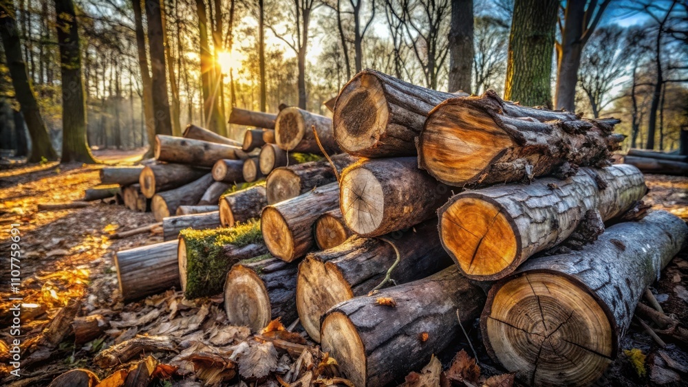 Aufkleber Sunlight filtering through the trees illuminates a carefully stacked pile of logs, creating a warm and inviting scene.