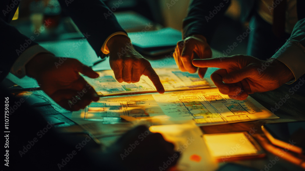 Poster hands pointing at blueprints during brainstorming session, showcasing collaboration and creativity i